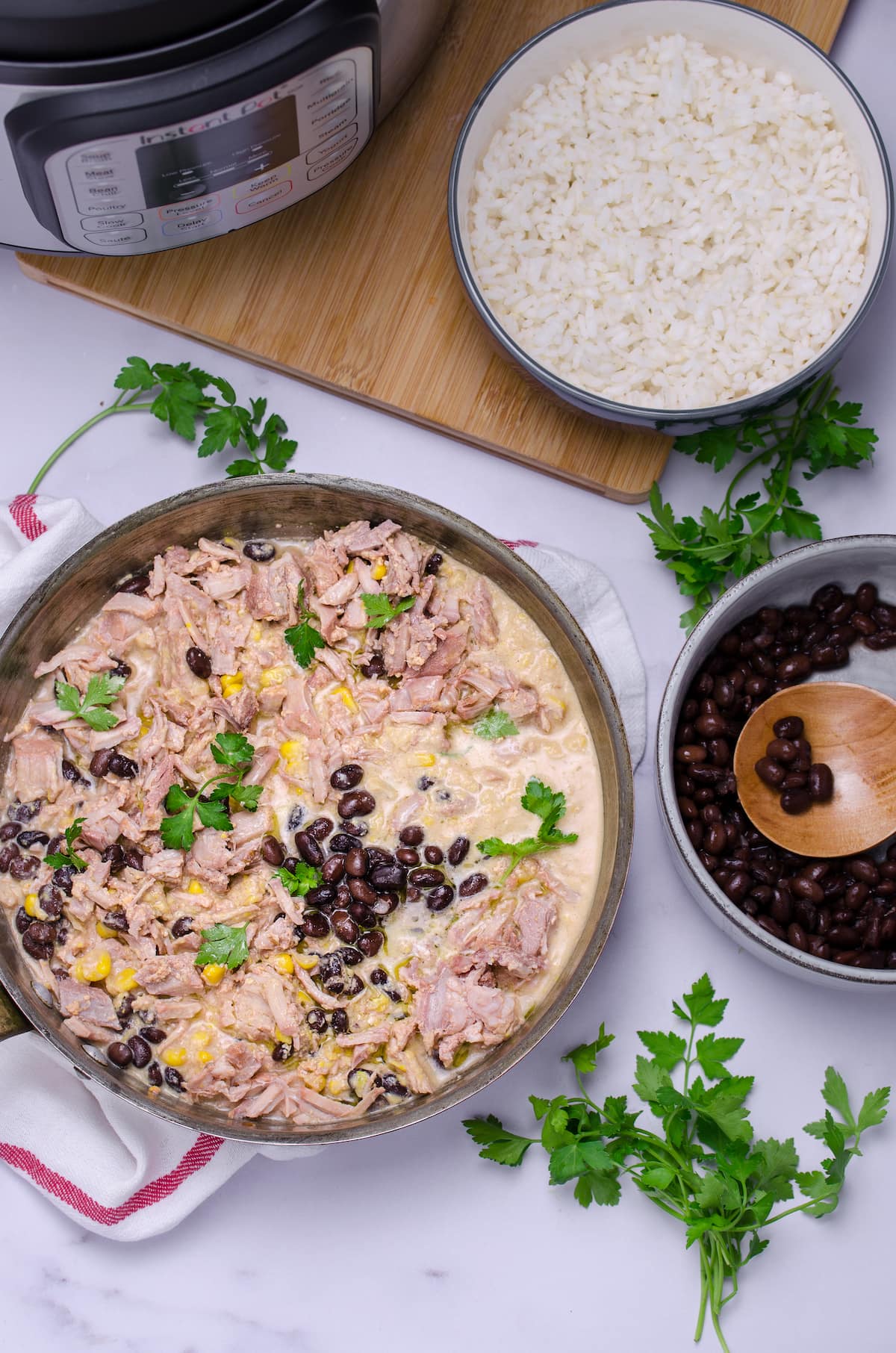 Overhead view of a bowl of Southwest shredded pork over rice