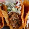 Crispy Cheese Pulled Pork Tacos with Sesame Slaw
