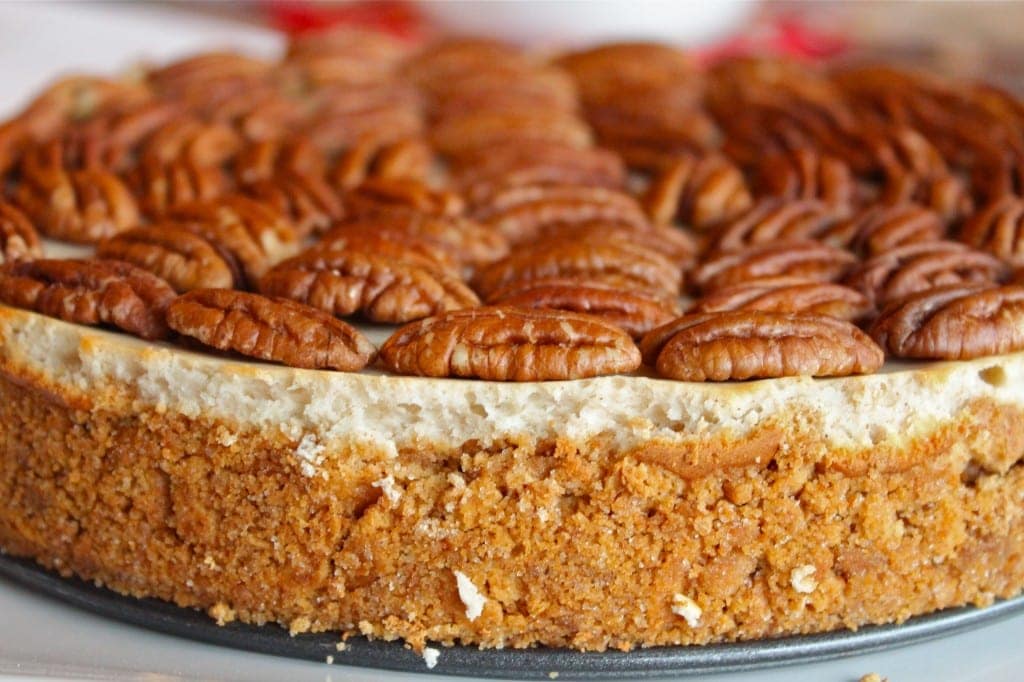 pecan pie cheesecake with pecans on top