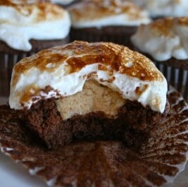 Peanut Butter Cookie Dough Filled Chocolate Cupcakes with Toasted Marshmallow Tops