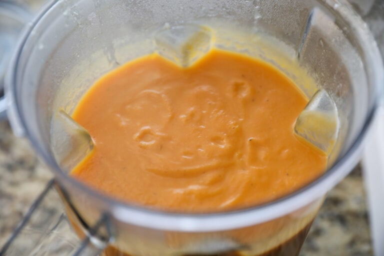 blended carrot soup in blender