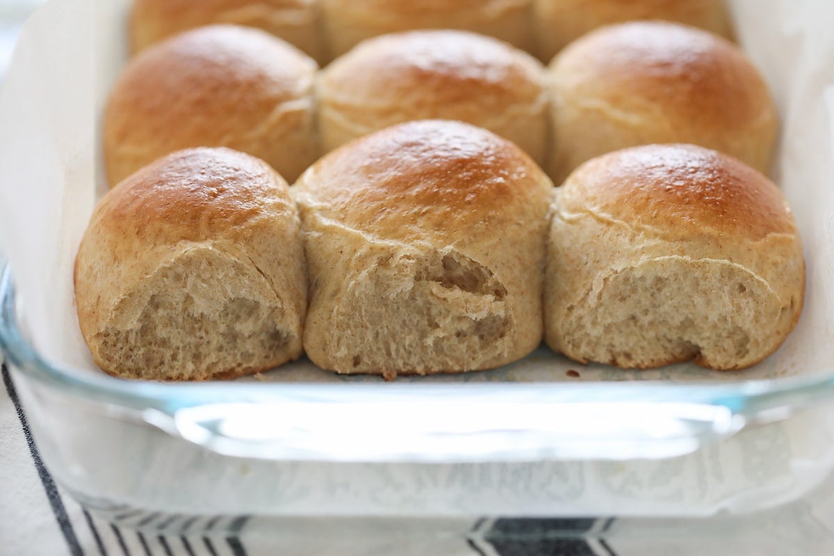 baked whole wheat rolls in pan