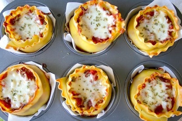top down view of baked lasagna cups in a muffin tin