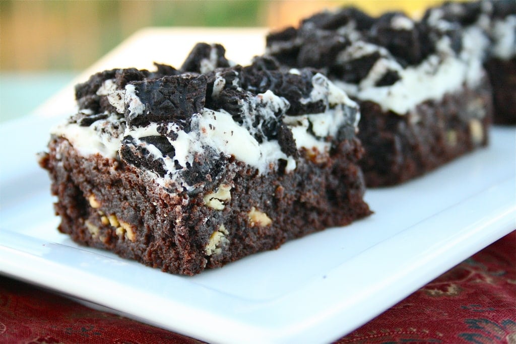 oreo brownies lined up on a white platter