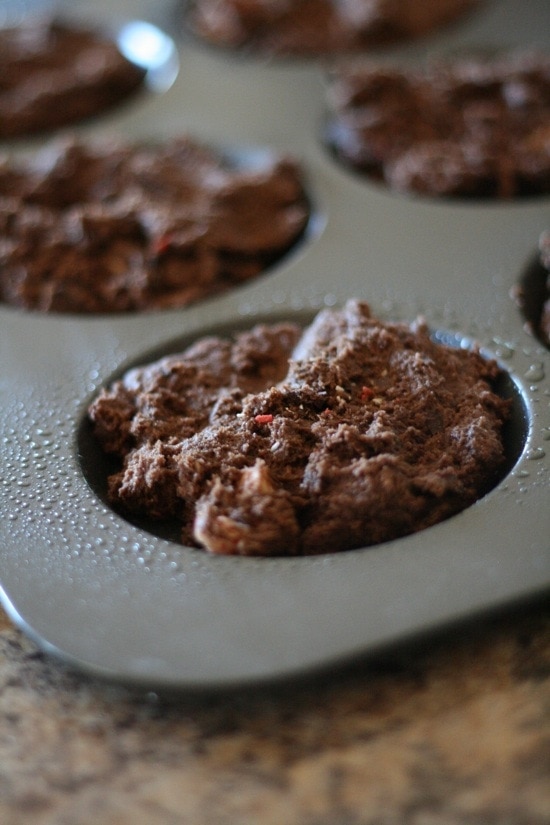 Double Chocolate Candy Cane Kiss Cookie Dough in muffin tins