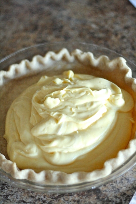 egg nog cream going in baked pie shell