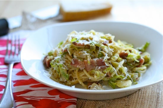 Spaghetti with Bacon, Brussels Sprouts and Artichokes