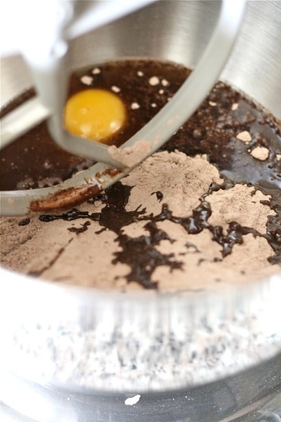 brownie mix with water, oil and egg in a mixing bowl