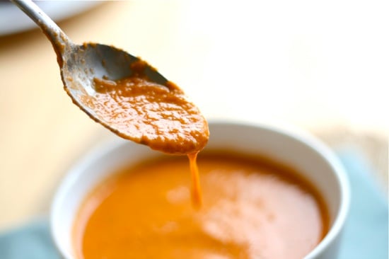 Spoonful of tomato basil soup over bowl