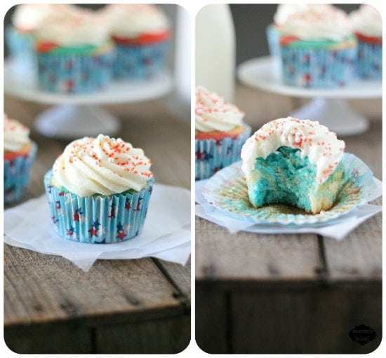 Two images in a collage. Red, White & Blue Cupcakes with Cream Cheese Frosting. The one on the right has a bite taken out of it.