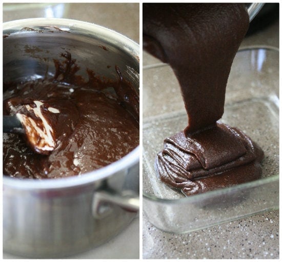 pouring Brownie batter in a glass pan