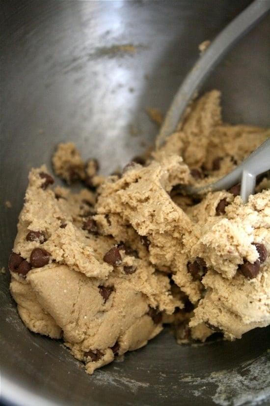 cookie dough in a metal bowl