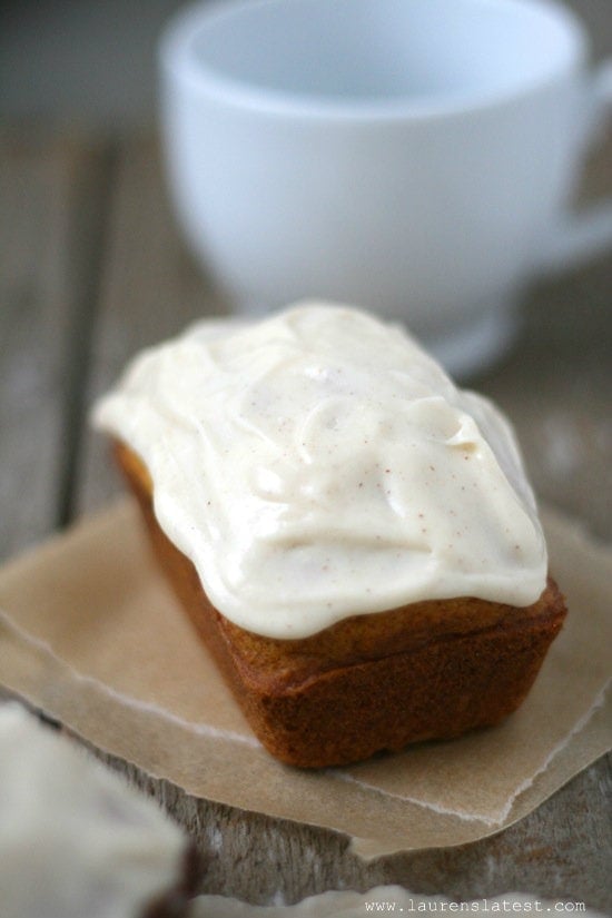 Pumpkin Bread Mini Loaves with cream cheese frosting