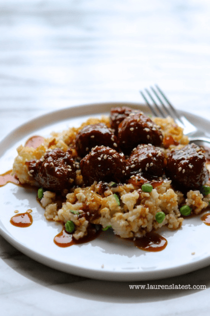 Asian BBQ Turkey Meatballs with Zucchini Fried Rice - Lauren's Latest