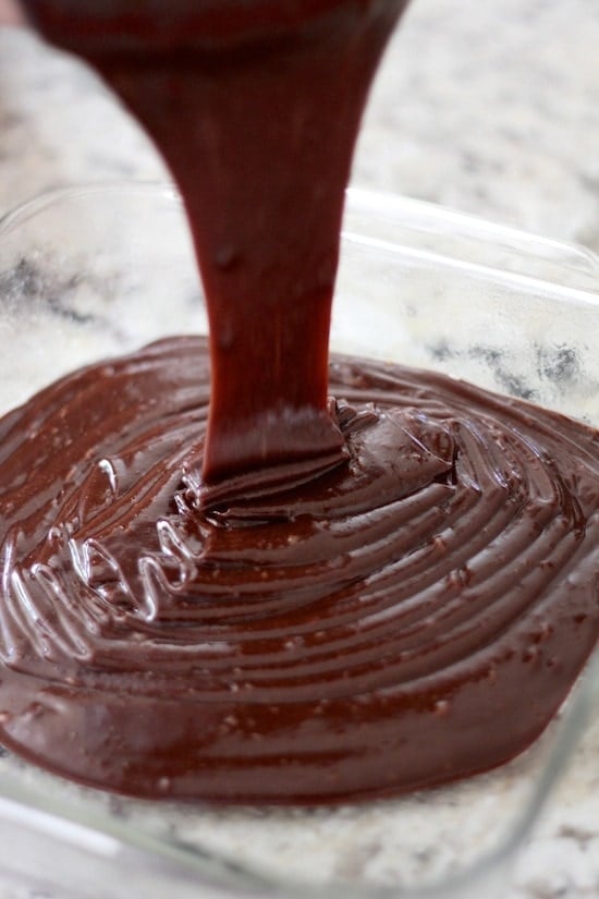 pouring brownie batter