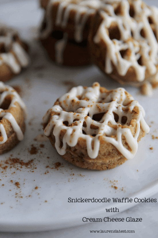 snickerdoodle waffle cookies with cream cheese glaze on a plate