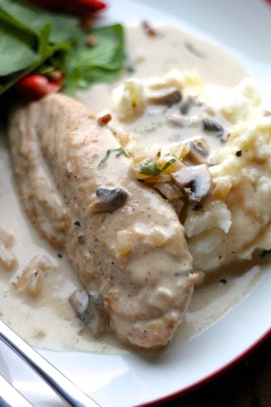 creamy parmesan chicken and mushrooms over mashed potatoes