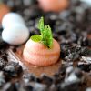 close up shot of frosting planted carrot on easter dirt cake