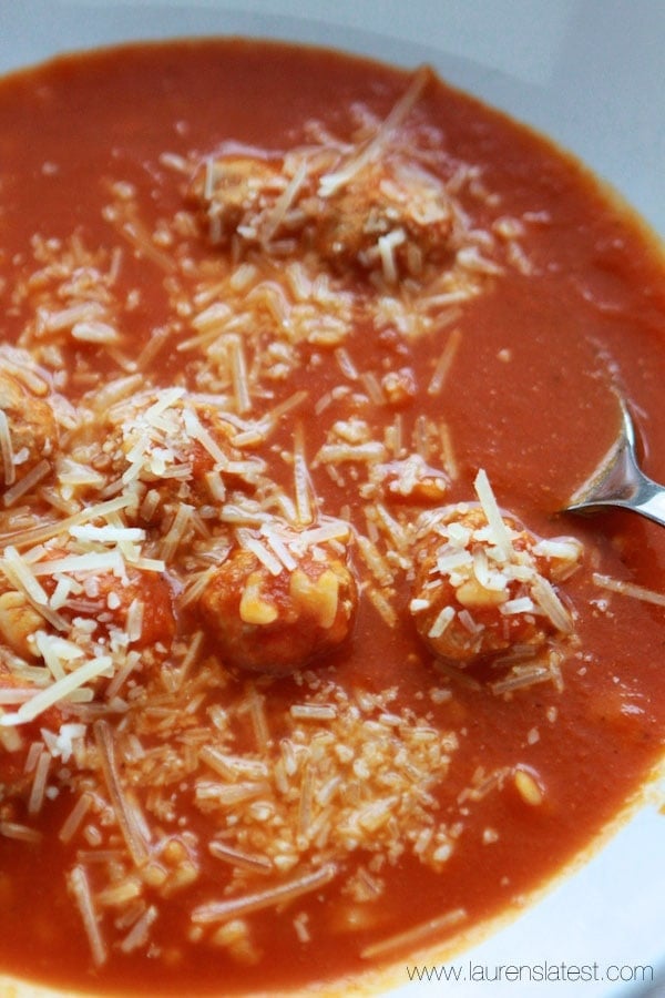 tomato basil alphabet soup with mini turkey meatballs
