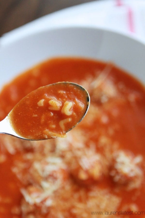 Spoonful of tomato broth and noodles