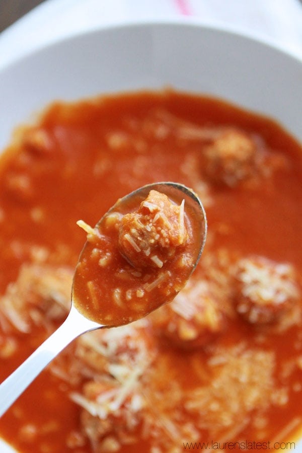 Spoonful of Alphabet Soup with a meatball