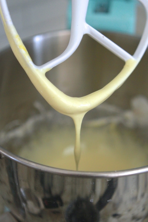 egg sugar mixture on a paddle attachment