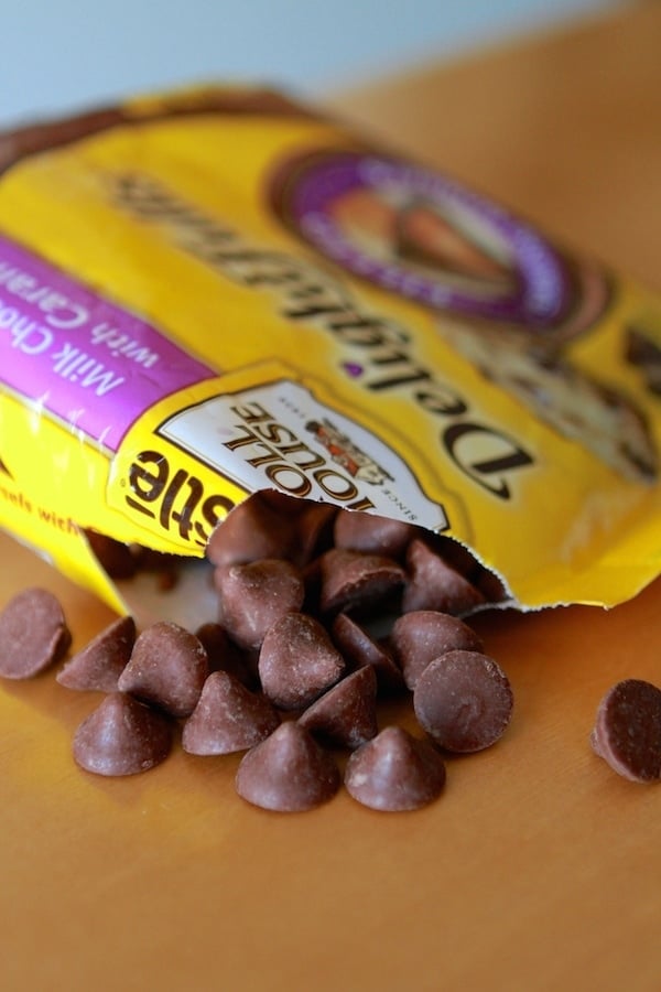 opened bag of caramel filled chocolate chips