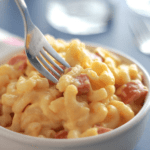mac n cheese with turkey sausage in a bowl