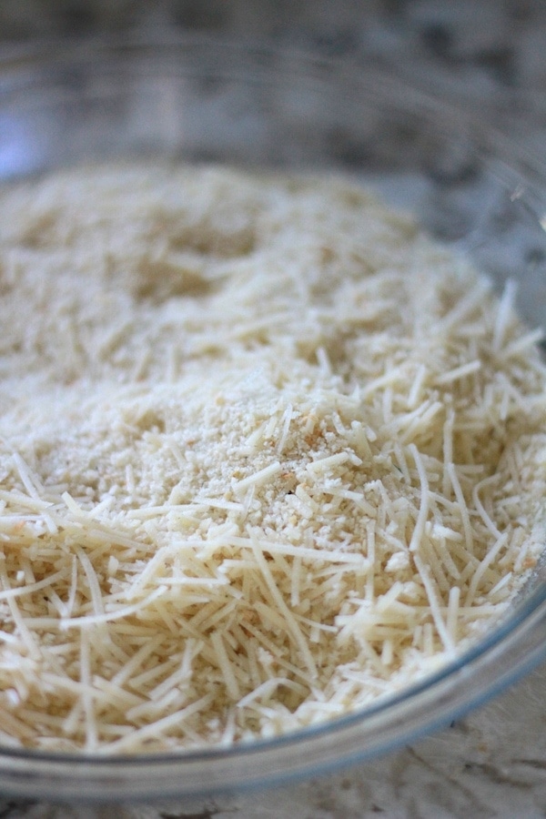 parmesan cheese and breadcrumbs in pie plate