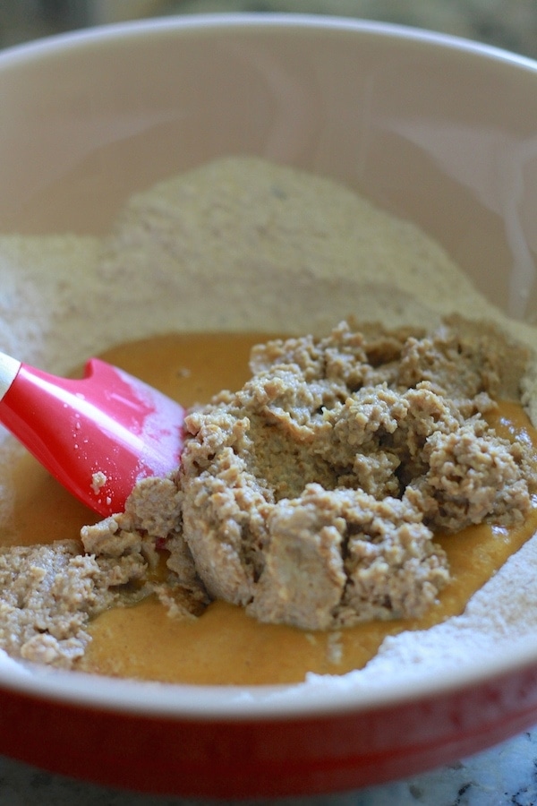mixing wet and dry ingredients in a bowl