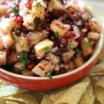cranberry salsa in a bowl with chips on the side