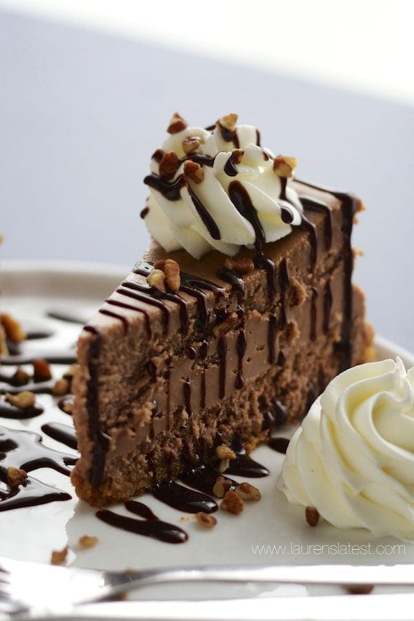 slice of nutella cheesecake with a chocolate drizzle and whipped cream