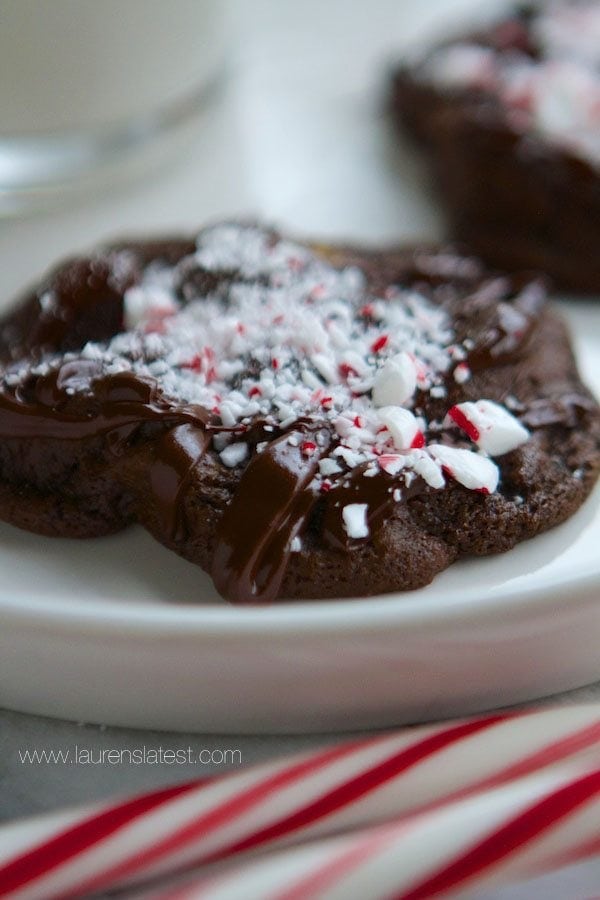 chocolate candy cane cookies stacked on top of each other on a white plate
