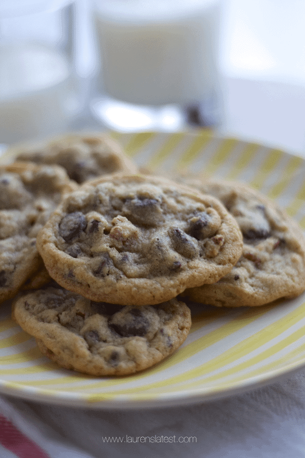 Chocolate Chip Pecan Cookies on a white and yellow plate