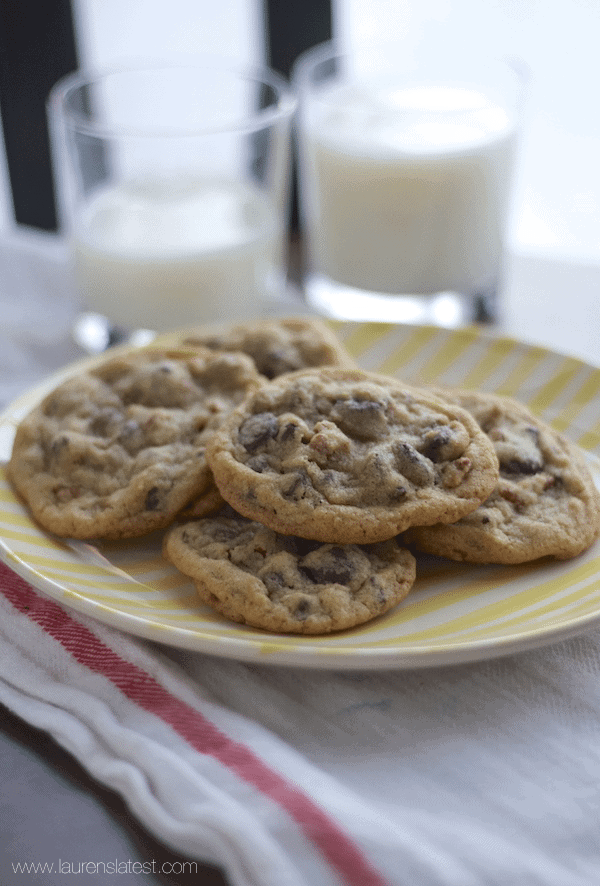 Chocolate Chip Pecan Cookies on a white and yellow plate