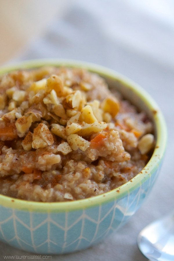 A bowl of Carrot Cake Oatmeal with nuts.
