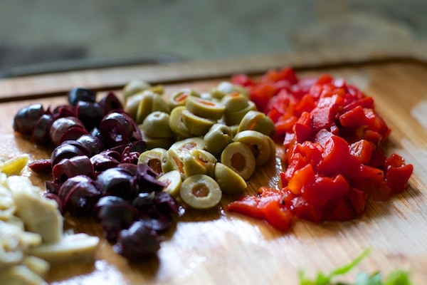 Olives and red peppers