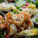 Grilled shrimp salad with artichoke hearts and Mexican corn casserole.