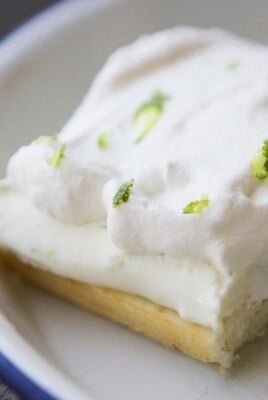 A slice of cake with whipped cream and lime on a plate.
