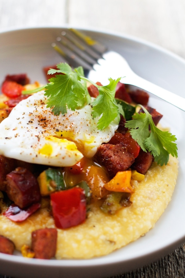 Poached Eggs with Tex-Mex Breakfast Hash and Cheddar Jalapeño Grits