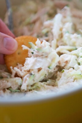 A person dipping a cracker into a bowl of healthy chicken salad.