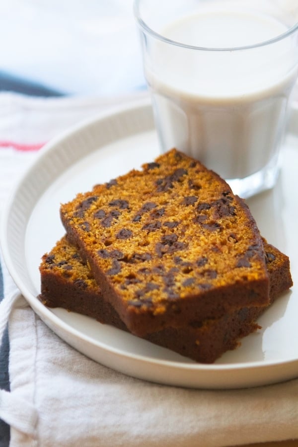 A slice of chocolate chip pumpkin bread on a plate with a glass of milk.