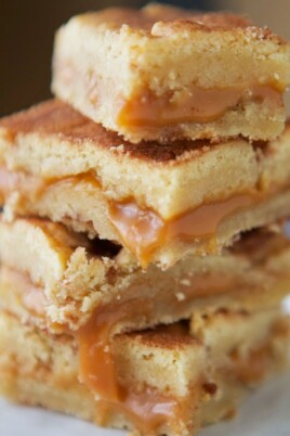 A stack of snickerdoodle bars on a plate.
