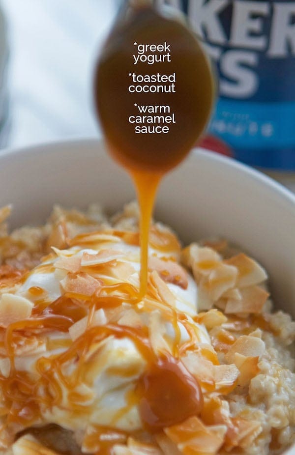 Drizzling oatmeal with caramel sauce