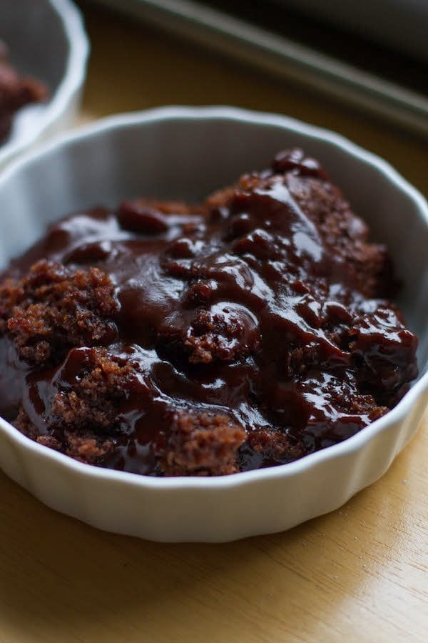 chocolate cobbler in a serving dish
