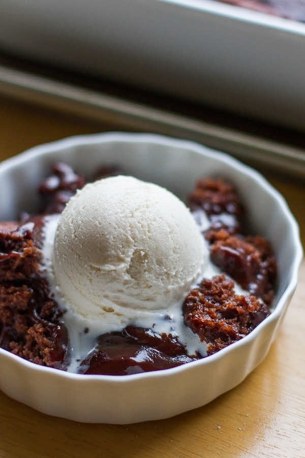 chocolate cobbler with ice cream on top