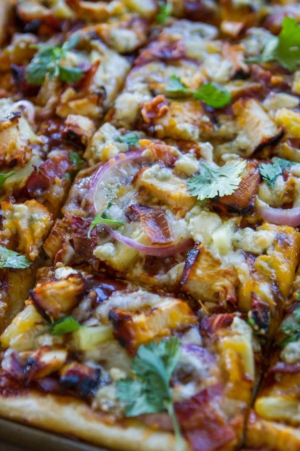 close up of sliced bbq chicken pizza