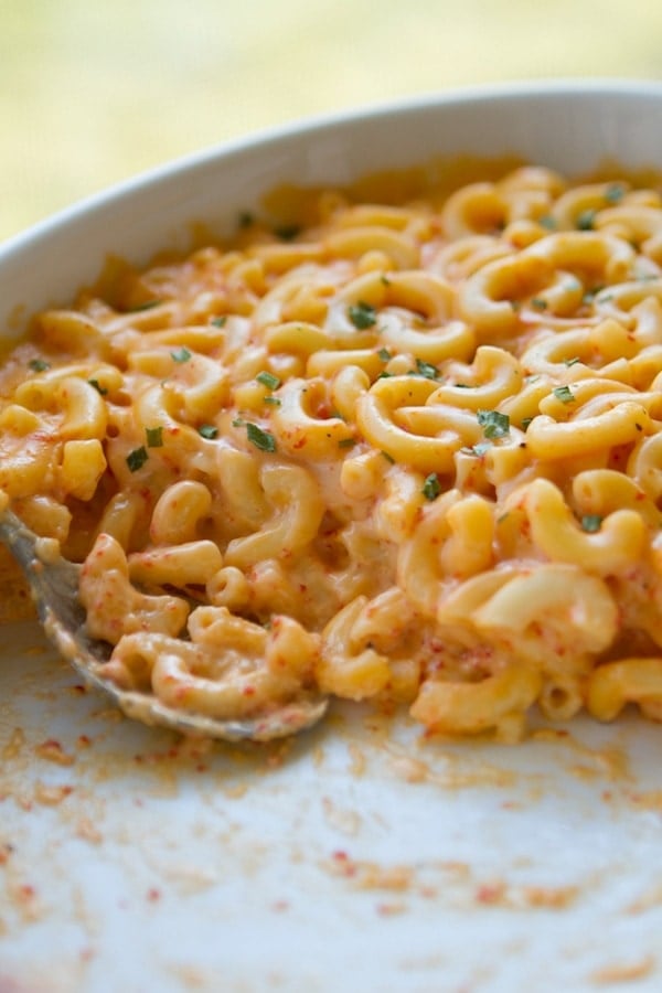 Pimento Mac and Cheese in a white casserole dish