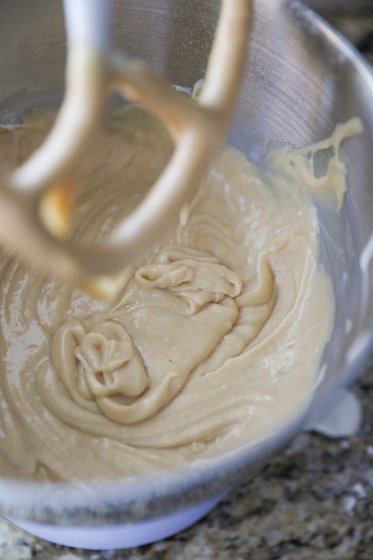 maple cake batter in mixing bowl
