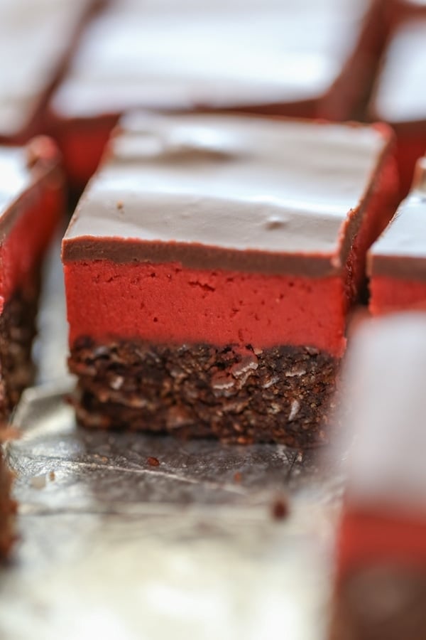 cut Red Velvet Nanaimo Bars next to each other 